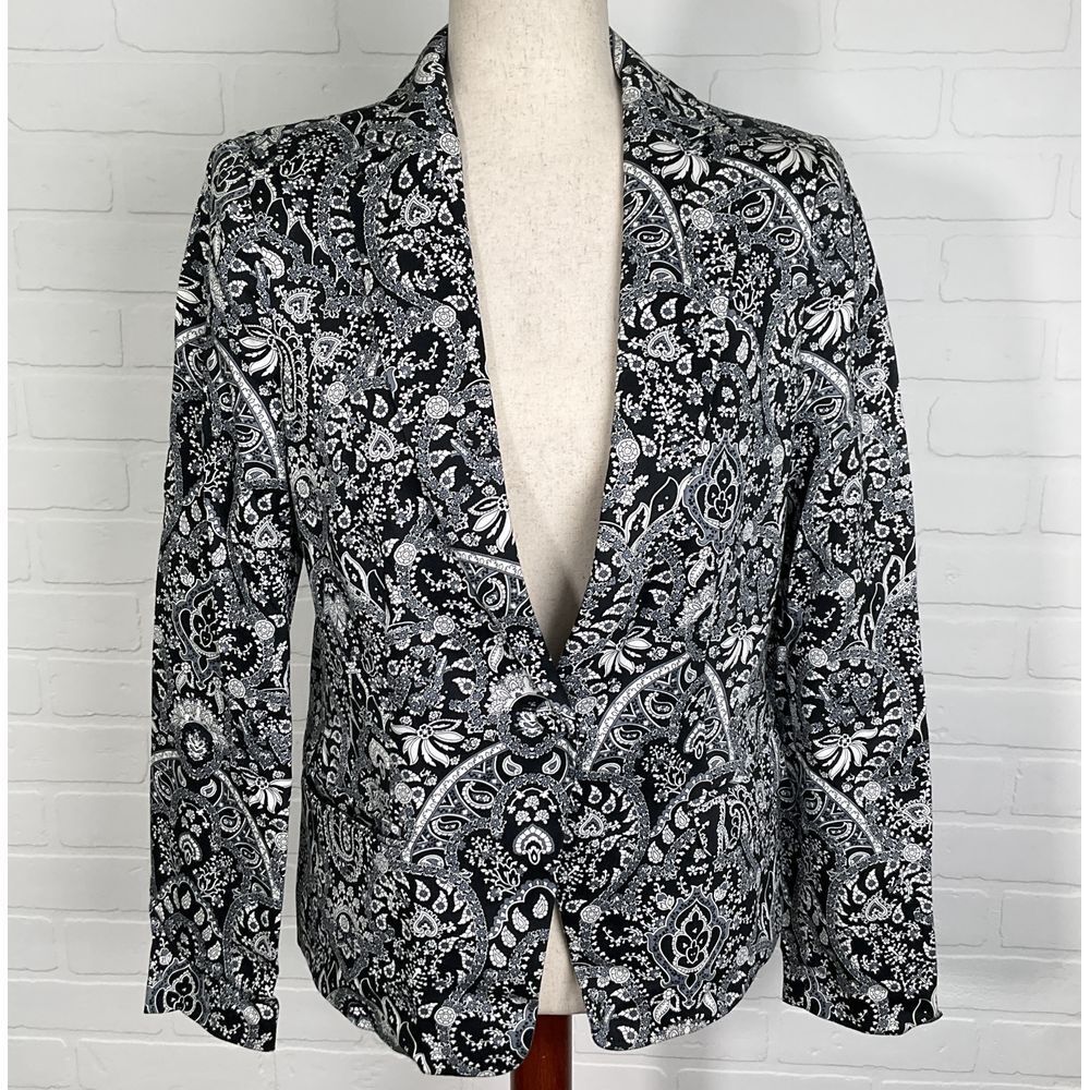 MNG Mango Blazer Women‎ 8 Black Gray Paisley Cotton Stretch Boho VTG
